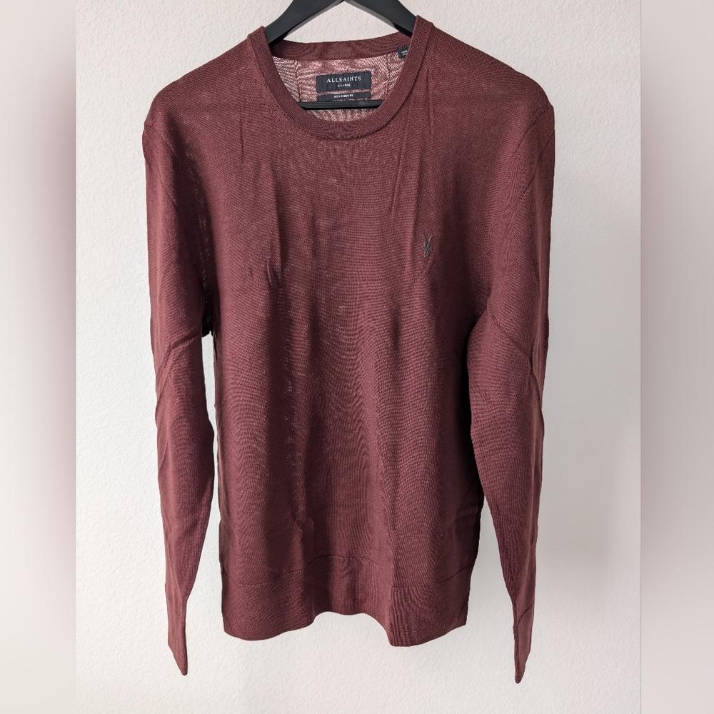 All Saints Men's Burgundy Mode Merino Crewneck Sweater